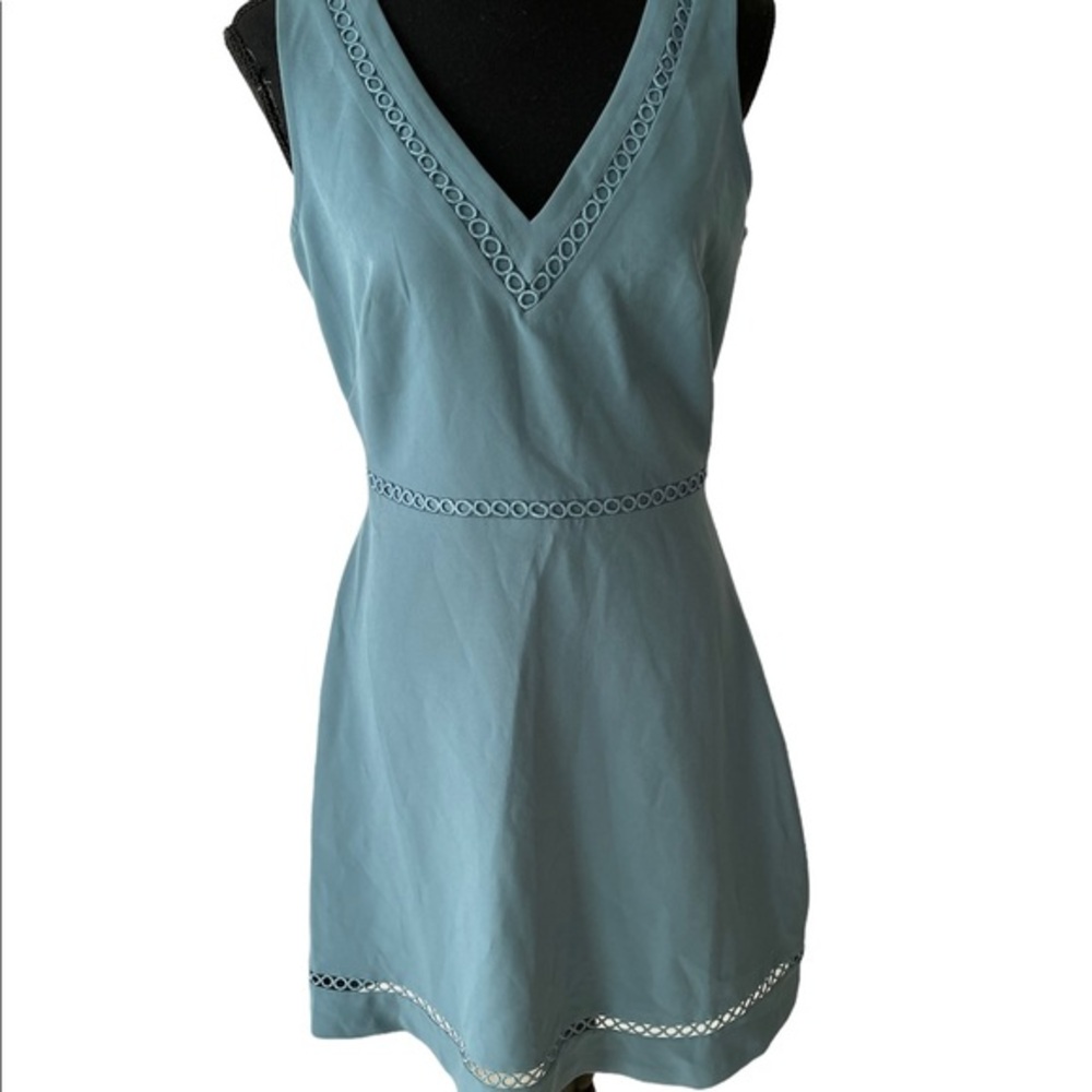 Loft Geometic Eyelet Trim V-Neck Sleeveless Fit & Flare Mini Dress in Dusty Blue